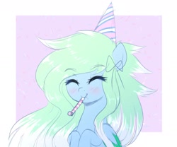 Size: 1453x1207 | Tagged: safe, artist:fluffymaiden, oc, oc only, oc:amaranthine sky, species:pegasus, species:pony, blushing, clothing, cute, eyes closed, female, hat, mare, noisemaker, ocbetes, party hat, party horn, smiling, solo