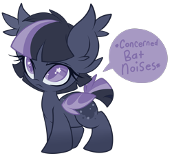 Size: 3187x2893 | Tagged: safe, artist:starlightlore, oc, oc only, oc:toxic heart, species:bat pony, species:pony, :<, bat pony oc, chibi, colored pupils, cute, descriptive noise, ear fluff, female, filly, simple background, solo, starry eyes, transparent background, wingding eyes