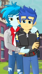 Size: 1024x1820 | Tagged: safe, artist:supermaxx92, character:flash sentry, g4, my little pony: equestria girls, my little pony:equestria girls, canterlot high, gay, hug, humanized, looking at you, male, shipping, thunderbass, thunderflash, vector