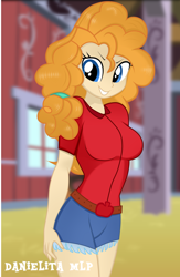 Size: 1024x1572 | Tagged: safe, artist:danielitamlp, character:pear butter, my little pony:equestria girls, applejack's mom, barn, belt, breasts, busty pear butter, clothing, equestria girls-ified, female, indoors, shorts, smiling, solo