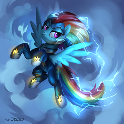 Size: 2000x2000 | Tagged: safe, artist:jedayskayvoker, character:rainbow dash, character:zapp, species:pegasus, species:pony, episode:power ponies, g4, my little pony: friendship is magic, clothing, electric dash, electricity, female, lightning, mare, solo, superhero