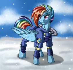 Size: 2400x2300 | Tagged: safe, artist:jack-pie, character:rainbow dash, species:pony, episode:the cutie re-mark, alternate timeline, alternate universe, amputee, apocalypse dash, augmented, clothing, crystal war timeline, female, high res, metal wing, prosthetic limb, prosthetic wing, prosthetics, redraw, snow, solo, wavy mouth