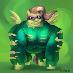Size: 2000x2000 | Tagged: safe, artist:jedayskayvoker, character:fluttershy, character:saddle rager, species:pony, episode:power ponies, g4, my little pony: friendship is magic, clothing, costume, female, flutterhulk, mare, muscles, muscleshy, solo