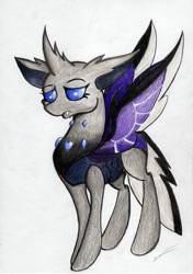 Size: 2445x3473 | Tagged: safe, artist:luxiwind, oc, oc only, oc:serna, species:changeling, species:reformed changeling, female, sad, signature, simple background, solo, spread wings, traditional art, white background, wings