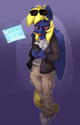 Size: 1600x2500 | Tagged: safe, artist:passigcamel, oc, oc only, oc:naveen numbers, species:anthro, species:plantigrade anthro, cellphone, clothing, commission, envelope, jacket, leather jacket, looking down, phone, shoes, smartphone, solo, sunglasses, tongue out
