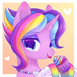Size: 1800x1800 | Tagged: safe, artist:leafywind, oc, oc only, oc:glittersweet, species:pony, species:unicorn, bedroom eyes, bust, cupcake, cute, eyeshadow, female, food, heart, jewelry, looking at you, makeup, mare, necklace, portrait, rainbow cupcake, solo, stars, tongue out