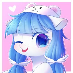 Size: 2000x2000 | Tagged: safe, artist:leafywind, oc, oc only, oc:white bear, species:pony, blushing, bust, clothing, female, hat, heart, mare, one eye closed, portrait, solo, stars, tongue out, wink