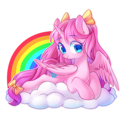 Size: 1500x1500 | Tagged: safe, artist:leafywind, oc, oc only, oc:mantou, species:alicorn, species:pony, alicorn oc, blushing, bow, cloud, cute, female, hair bow, mare, rainbow, simple background, smiling, solo, starry eyes, transparent background, wingding eyes