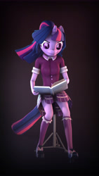 Size: 5400x9600 | Tagged: safe, artist:imafutureguitarhero, part of a set, character:twilight sparkle, character:twilight sparkle (scitwi), species:anthro, species:eqg human, species:plantigrade anthro, species:pony, species:unicorn, 3d, abstract background, absurd file size, absurd resolution, book, bookhorse, bust, buttons, chair, chromatic aberration, clothing, crystal prep academy uniform, dress, female, film grain, freckles, holding, horn, mare, multicolored hair, nose wrinkle, pleated skirt, ponytail, portrait, purple dress, reading, rolled up sleeves, school uniform, shirt, shoes, signature, sitting, skirt, smiling, socks, solo, source filmmaker, stool, vertical, windswept mane, windswept tail