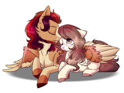 Size: 1600x1200 | Tagged: safe, artist:cloud-fly, oc, oc:max, oc:ofelia, species:pegasus, species:pony, female, male, mare, oc x oc, prone, shipping, simple background, straight, transparent background