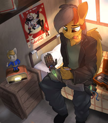 Size: 2200x2500 | Tagged: safe, artist:passigcamel, oc, oc only, species:anthro, species:pegasus, species:plantigrade anthro, species:pony, fallout equestria, amputee, bed, bedroom, bionic arm, cigar, clothing, commission, cyborg, fallout, jacket, leather jacket, nuka cola, nuka girl, pants, poster, prosthetic limb, prosthetics, repairing, shoes, sitting, solo, toolbox, vault boy
