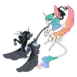 Size: 1600x1600 | Tagged: safe, artist:australian-senior, character:princess celestia, oc, oc:arlon invictus, species:alicorn, species:kirin, species:pony, alternate universe, antlers, canon x oc, colored hooves, colored wings, female, flying, kirindos, leonine tail, male, mare, shipping, simple background, spread wings, stallion, straight, transparent background, unshorn fetlocks, wings