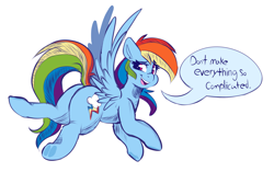 Size: 3121x1965 | Tagged: safe, artist:graphene, character:rainbow dash, species:pegasus, species:pony, dialogue, female, flying, looking back, mare, open mouth, simple background, solo, speech bubble, white background