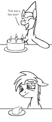 Size: 432x1000 | Tagged: safe, artist:dsb71013, oc, oc only, oc:night cap, cake, clothing, comic, food, hat, monochrome, party hat, younger