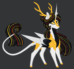 Size: 1600x1500 | Tagged: safe, artist:australian-senior, oc, oc only, oc:niomedes invictus, species:alicorn, species:kirin, species:pony, alternate universe, antlers, colored hooves, female, glados, golden eyes, gray background, kirindos, portal (valve), scales, simple background, solo