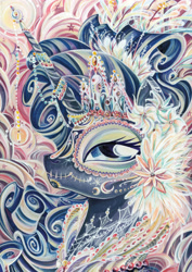 Size: 2550x3600 | Tagged: source needed, safe, artist:sararichard, character:princess luna, art is magic, bust, color porn, crown, female, flower, flower in hair, jewelry, looking at you, portrait, regalia, solo, sugar skull, traditional art