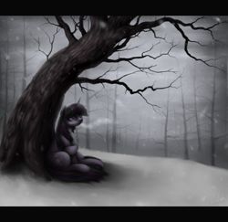 Size: 1100x1070 | Tagged: safe, artist:ventious, character:twilight sparkle, species:pony, species:unicorn, detailed, female, forest, letterboxing, sad, scenery, sitting, snow, snowfall, solo, tree, winter