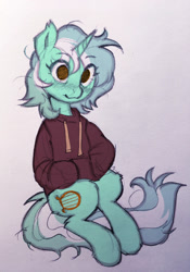 Size: 896x1280 | Tagged: safe, artist:lispp, character:lyra heartstrings, species:pony, species:unicorn, clothing, cute, dig the swell hoodie, female, hoodie, lyrabetes, mare, solo, traditional art
