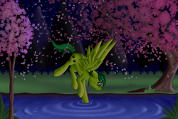 Size: 3000x2000 | Tagged: safe, artist:xcinnamon-twistx, oc, oc:evergreen feathersong, cherry blossoms, commission, flower, flower blossom, petals, tree, water, ych result, your character here