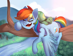 Size: 2180x1665 | Tagged: safe, artist:passigcamel, character:rainbow dash, character:tank, species:pegasus, species:pony, backwards cutie mark, eyes closed, female, mare, river, scenery, sleeping, tree, tree branch, wings
