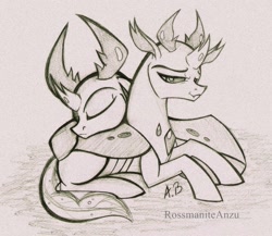 Size: 1527x1325 | Tagged: safe, artist:rossmaniteanzu, character:pharynx, character:prince pharynx, character:thorax, species:changeling, species:reformed changeling, brotherly love, brothers, changedling brothers, cute, duo, male, monochrome, pharybetes, sleeping, smiling, thorabetes, traditional art