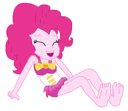 Size: 733x637 | Tagged: safe, artist:logan jones, character:pinkie pie, equestria girls:forgotten friendship, g4, my little pony: equestria girls, my little pony:equestria girls, barefoot, clothing, eyes closed, feet, female, happy, laughing, open mouth, simple background, soles, swimsuit, toes, white background