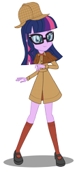 Size: 2030x4487 | Tagged: safe, artist:invisibleink, character:twilight sparkle, character:twilight sparkle (scitwi), species:eqg human, my little pony:equestria girls, bow tie, clothing, deerstalker, detective, female, glasses, hat, longcoat, sherlock holmes, shoes, short hair, simple background, smiling, socks, solo, transparent background, vector