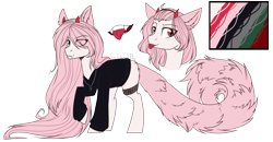 Size: 2300x1200 | Tagged: safe, artist:cloud-fly, oc, species:earth pony, species:pony, clothing, eye clipping through hair, fangs, heterochromia, jewelry, long mane, male, necklace, piercing, reference sheet, shirt, simple background, snake bites, solo, stallion, tongue out, tongue piercing, transparent background
