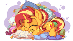 Size: 3840x2160 | Tagged: safe, artist:pirill, character:ray, character:sunset shimmer, species:pony, species:unicorn, cheek fluff, chibi, cute, cutie mark, ear fluff, eyes closed, female, gecko, hnnng, pillow, ray, raybetes, shimmerbetes, sleeping, smiling, solo, sunset shimmer day, weapons-grade cute