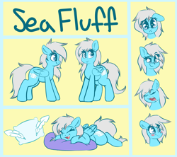 Size: 2545x2257 | Tagged: safe, artist:graphene, oc, oc only, oc:sea fluff, species:pegasus, species:pony, beanbag chair, blushing, cute, cutie mark, drool, emotions, expressions, feather, female, flat colors, high res, mare, ocbetes, pillow, pouting, raised eyebrow, reference sheet, simple background, sketch, smiling, smirk, solo