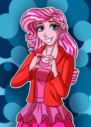 Size: 1800x2500 | Tagged: safe, artist:jack-pie, character:pinkie pie, species:human, clothing, cute, female, hair swap, heart hands, humanized, skirt, solo