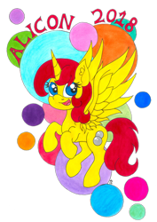 Size: 752x1063 | Tagged: safe, artist:dawn-designs-art, oc, oc only, oc:spheres, species:alicorn, species:pony, alicon, alicorn oc, convention, convention:alicon, female, mare, mascot, simple background, solo, transparent background