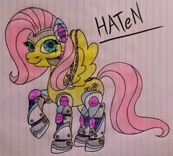 Size: 2447x2204 | Tagged: safe, artist:dawn-designs-art, character:fluttershy, oc, oc:haten, species:pony, epmb, equestria pony meat business, female, flutterbot, lined paper, robot, robot pony, solo, traditional art