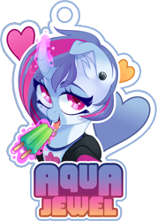 Size: 3759x5286 | Tagged: safe, artist:zombie, oc, oc only, oc:aqua jewel, species:pony, species:unicorn, badge, clothing, commission, ear piercing, food, heart, ice cream, jacket, looking at you, magic, piercing, shirt, simple background, solo, tongue out, transparent background, ych result