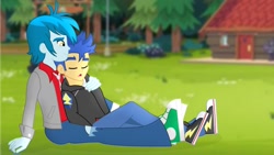 Size: 1600x900 | Tagged: safe, artist:supermaxx92, character:flash sentry, species:human, my little pony:equestria girls, camp everfree, converse, gay, humanized, male, nap, shipping, shoes, sleeping, thunderbass, thunderflash
