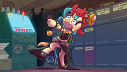 Size: 3840x2160 | Tagged: safe, artist:pirill, oc, oc only, oc:fidget, species:pony, armpits, bowsette, clothing, cosplay, costume, female, outfit, solo, super crown