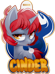 Size: 1600x2135 | Tagged: safe, artist:zombie, oc, oc only, oc:cinder, species:pony, species:unicorn, badge, female, mare, open mouth, reference sheet, simple background, solo, transparent background
