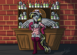 Size: 2500x1800 | Tagged: safe, artist:jack-pie, oc, oc only, oc:fasty, species:pegasus, species:pony, alcohol, angel dust, bar, chest fluff, clothing, commission, cosplay, costume, femboy, hat, hazbin hotel, liquor, male, necktie, signature, socks, solo