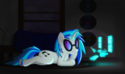 Size: 6000x3573 | Tagged: safe, artist:blackgryph0n, character:dj pon-3, character:vinyl scratch, species:pony, species:unicorn, bedroom, female, magic, mare, prone, solo