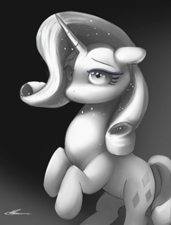 Size: 2200x2900 | Tagged: safe, artist:auroriia, character:rarity, species:pony, species:unicorn, black and white, female, gradient background, grayscale, mare, monochrome, solo