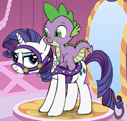 Size: 627x600 | Tagged: safe, artist:stinkehund, character:rarity, character:spike, ship:sparity, bridle, female, male, riding, saddle, sexy saddle, shipping, straight