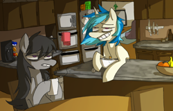 Size: 1744x1122 | Tagged: safe, artist:ghost, character:dj pon-3, character:octavia melody, character:vinyl scratch, coffee, kitchen, morning ponies