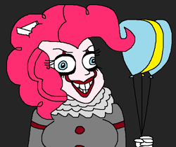 Size: 726x610 | Tagged: safe, artist:logan jones, character:pinkie pie, my little pony:equestria girls, balloon, bucktooth, clothing, clown, cosplay, costume, crazy face, derp face, faec, female, halloween, hammerspace hair, holiday, it, makeup, nightmare night, paper boat, pennywise, pinkiewise, smiling, teeth, wall eyed