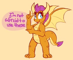 Size: 2430x1992 | Tagged: safe, artist:graphene, character:smolder, species:dragon, dialogue, dragoness, female, finger gun, finger guns, juxtaposition bait, looking at you, open mouth, simple background, smiling, solo, standing