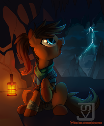 Size: 894x1080 | Tagged: safe, artist:jedayskayvoker, oc, oc only, species:earth pony, species:pony, clothing, commission, female, lamp, lightning, looking back, mare, open mouth, patreon, patreon logo, raised hoof, solo, surprised, ych result