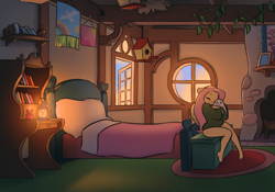 Size: 2000x1400 | Tagged: safe, artist:katputze, character:angel bunny, character:fluttershy, species:anthro, species:plantigrade anthro, bed, clothing, eyes closed, female, fluttershy's cottage, hug, indoors, no pants, sitting, sweater, sweatershy, window, wings