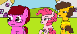 Size: 1167x524 | Tagged: safe, artist:logan jones, character:cheese sandwich, character:pinkie pie, oc, oc:logan berry, distracted boyfriend meme, implied cheesepie, implied shipping, implied straight, ponyville