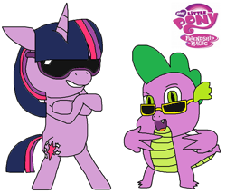 Size: 964x824 | Tagged: safe, artist:logan jones, character:spike, character:twilight sparkle, species:dragon, species:pony, species:unicorn, badass, bipedal, cool, crossed arms, female, gangsta, male, my little pony logo, peace sign, sunglasses, swag