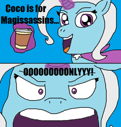 Size: 622x653 | Tagged: safe, artist:logan jones, character:trixie, species:pony, species:unicorn, chocolate, faec, female, food, glowing horn, hot chocolate, levitation, magic, sassy, savage, shrunken pupils, telekinesis, totally busted, totally spies