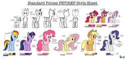 Size: 11278x5354 | Tagged: safe, artist:petirep, character:apple bloom, character:applejack, character:fluttershy, character:pinkie pie, character:rainbow dash, character:rarity, character:scootaloo, character:sweetie belle, character:twilight sparkle, character:twilight sparkle (unicorn), species:alicorn, species:earth pony, species:pegasus, species:pony, species:unicorn, absurd resolution, applejack's hat, bags under eyes, base, blue coat, bow, clothing, color palette, cowboy hat, cute, cutie mark crusaders, eyeshadow, female, filly, foal, generic pony, hair bow, happy, hat, horn, makeup, mane six, mare, mentally advanced series, orange coat, pink coat, rainbow dash presents, reference sheet, sketch, smiling, style sheet, text, thrackerzod, vulgar, white coat, wings, yellow coat